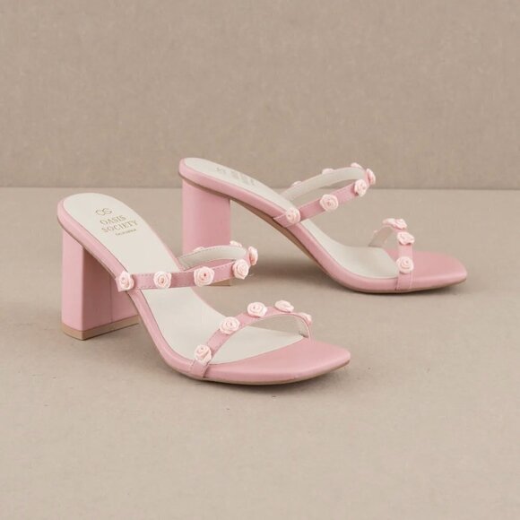 NIA PINK ROSETTE ADORNED HEELS - Picture 1 of 3